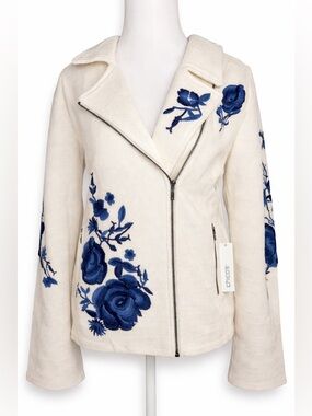 Chico’s Floral Embroidered Moto Jacket Ivory Blue Zip Sz 4 (XXL)